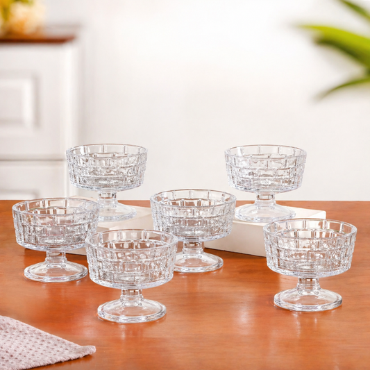 Crystal Glass Ice Cream Bowls Set of 6 — Embossed Footed Dessert Cups, 200ml, Lead-Free & Food Safe