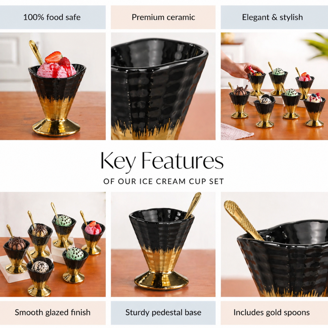 Crockwitty Black & Gold Ceramic Ice Cream Cups Set of 6 with Gold Spoons – Premium Sundae Bowls with Pedestal Base, 100ml