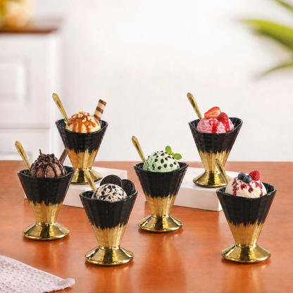 Crockwitty Black & Gold Ceramic Ice Cream Cups Set of 6 with Gold Spoons – Premium Sundae Bowls with Pedestal Base, 100ml