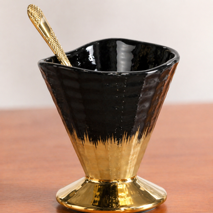 Crockwitty Black & Gold Ceramic Ice Cream Cups Set of 6 with Gold Spoons – Premium Sundae Bowls with Pedestal Base, 100ml