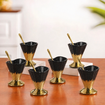 Crockwitty Black & Gold Ceramic Ice Cream Cups Set of 6 with Gold Spoons – Premium Sundae Bowls with Pedestal Base, 100ml