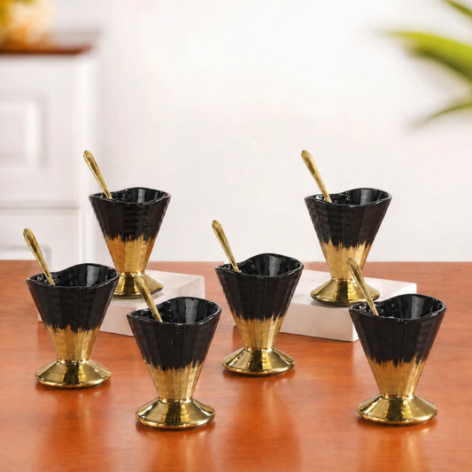 Crockwitty Black & Gold Ceramic Ice Cream Cups Set of 6 with Gold Spoons – Premium Sundae Bowls with Pedestal Base, 100ml