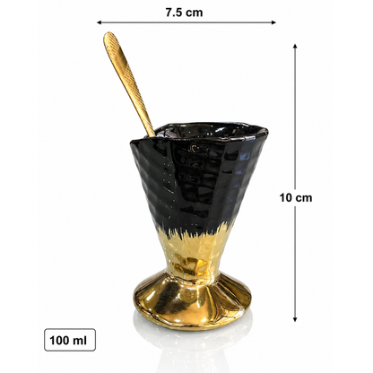 Crockwitty Black & Gold Ceramic Ice Cream Cups Set of 6 with Gold Spoons – Premium Sundae Bowls with Pedestal Base, 100ml