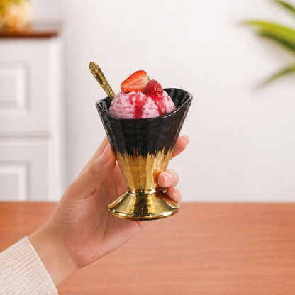 Crockwitty Black & Gold Ceramic Ice Cream Cups Set of 6 with Gold Spoons – Premium Sundae Bowls with Pedestal Base, 100ml
