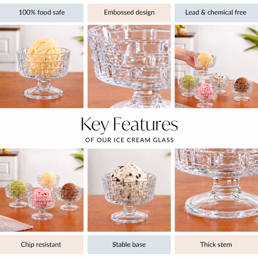 Crystal Glass Ice Cream Bowls Set of 6 — Embossed Footed Dessert Cups, 200ml, Lead-Free & Food Safe