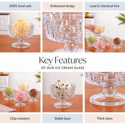 Crystal Glass Ice Cream Bowls Set of 6 — Embossed Footed Dessert Cups, 200ml, Lead-Free & Food Safe