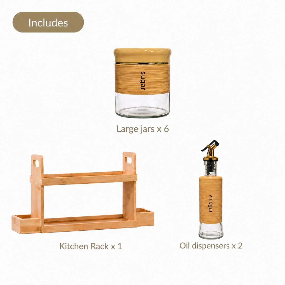 Bamboo Kitchen Organizer Set — 6 Airtight Glass Spice Jars (450ml) + 2 Oil & Vinegar Dispensers (320ml) + 2-Tier Bamboo Rack | Eco-Friendly Kitchen Storage