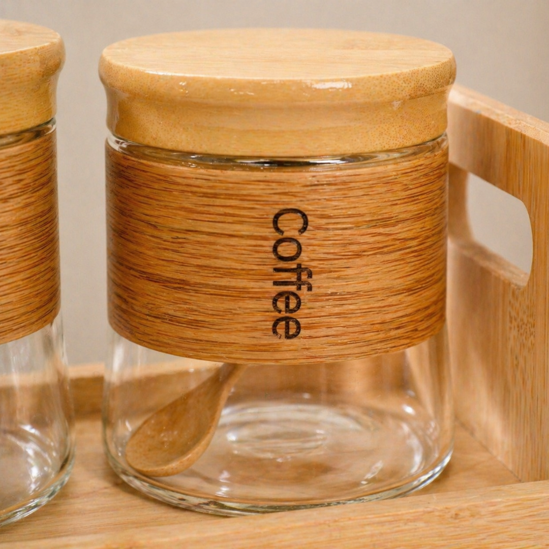 Bamboo Kitchen Organizer Set — 6 Airtight Glass Spice Jars (450ml) + 2 Oil & Vinegar Dispensers (320ml) + 2-Tier Bamboo Rack | Eco-Friendly Kitchen Storage