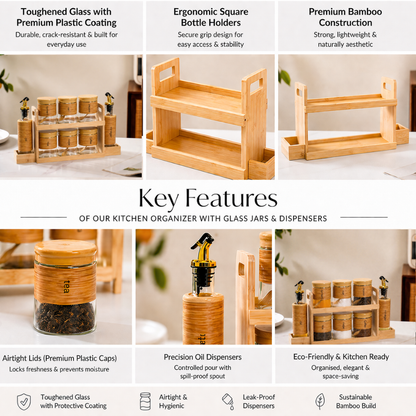 Bamboo Kitchen Organizer Set — 6 Airtight Glass Spice Jars (450ml) + 2 Oil & Vinegar Dispensers (320ml) + 2-Tier Bamboo Rack | Eco-Friendly Kitchen Storage