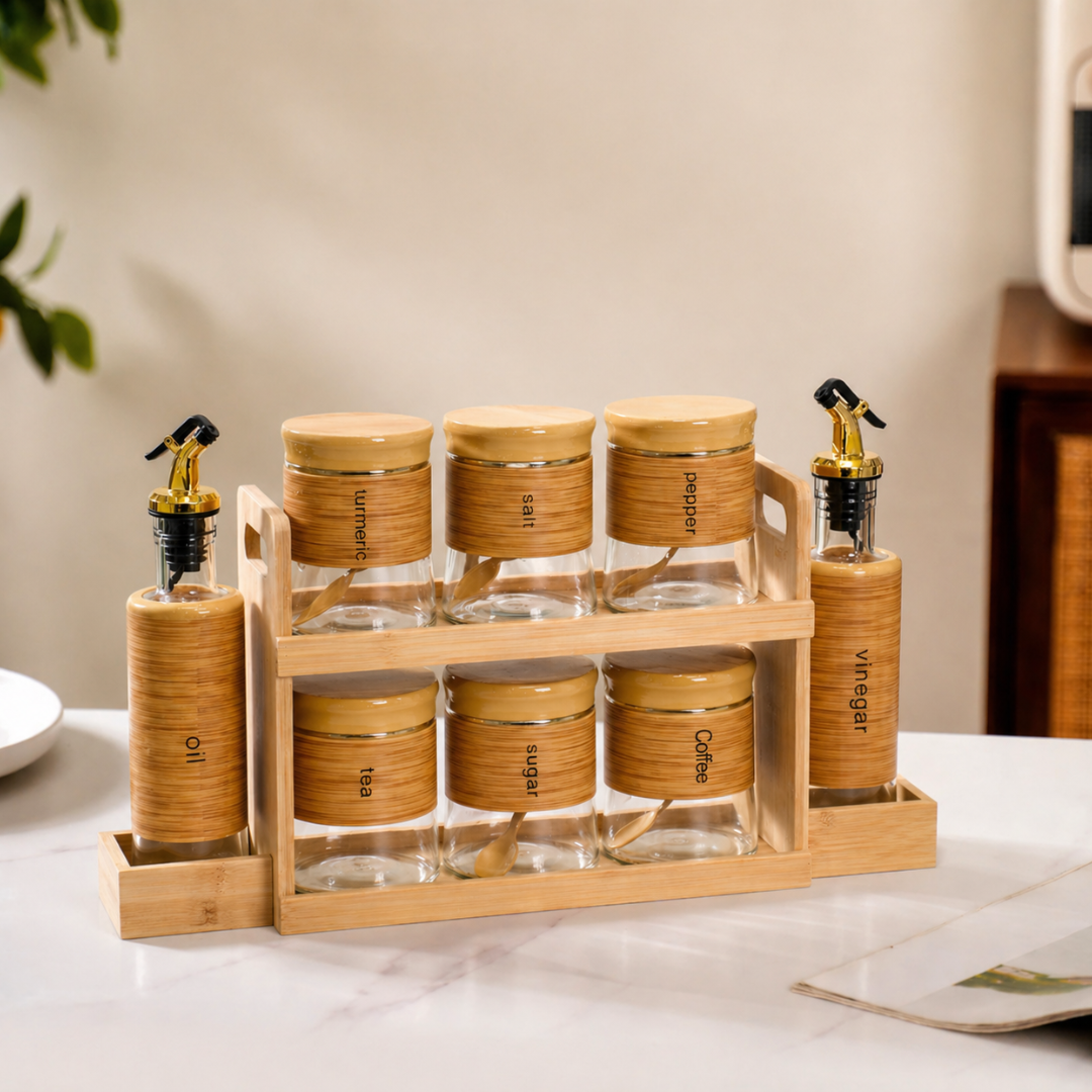 Bamboo Kitchen Organizer Set — 6 Airtight Glass Spice Jars (450ml) + 2 Oil & Vinegar Dispensers (320ml) + 2-Tier Bamboo Rack | Eco-Friendly Kitchen Storage