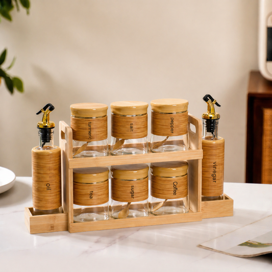 Bamboo Kitchen Organizer Set — 6 Airtight Glass Spice Jars (450ml) + 2 Oil & Vinegar Dispensers (320ml) + 2-Tier Bamboo Rack | Eco-Friendly Kitchen Storage