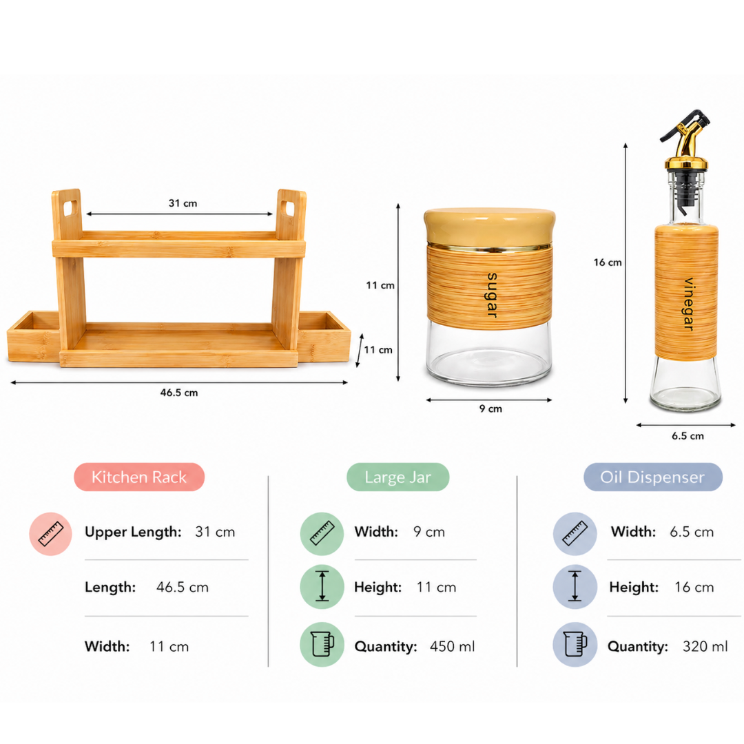 Bamboo Kitchen Organizer Set — 6 Airtight Glass Spice Jars (450ml) + 2 Oil & Vinegar Dispensers (320ml) + 2-Tier Bamboo Rack | Eco-Friendly Kitchen Storage