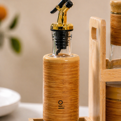 Bamboo Kitchen Organizer Set — 6 Airtight Glass Spice Jars (450ml) + 2 Oil & Vinegar Dispensers (320ml) + 2-Tier Bamboo Rack | Eco-Friendly Kitchen Storage