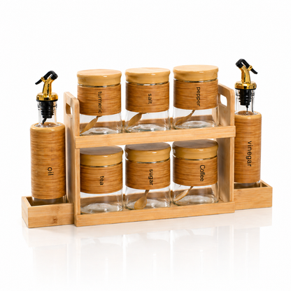 Bamboo Kitchen Organizer Set — 6 Airtight Glass Spice Jars (450ml) + 2 Oil & Vinegar Dispensers (320ml) + 2-Tier Bamboo Rack | Eco-Friendly Kitchen Storage