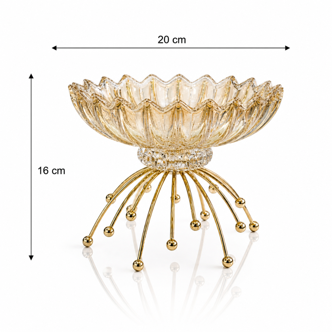 Crockwitty Crystal Glass Fruit Bowl with Gold Metal Stand — Scalloped Wave Design, Lead-Free | Luxury Centre Table Décor Bowl