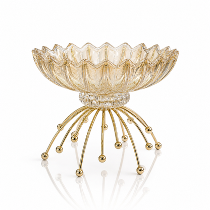 Crockwitty Crystal Glass Fruit Bowl with Gold Metal Stand — Scalloped Wave Design, Lead-Free | Luxury Centre Table Décor Bowl
