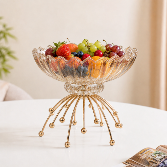 Crockwitty Crystal Glass Fruit Bowl with Gold Metal Stand — Scalloped Wave Design, Lead-Free | Luxury Centre Table Décor Bowl