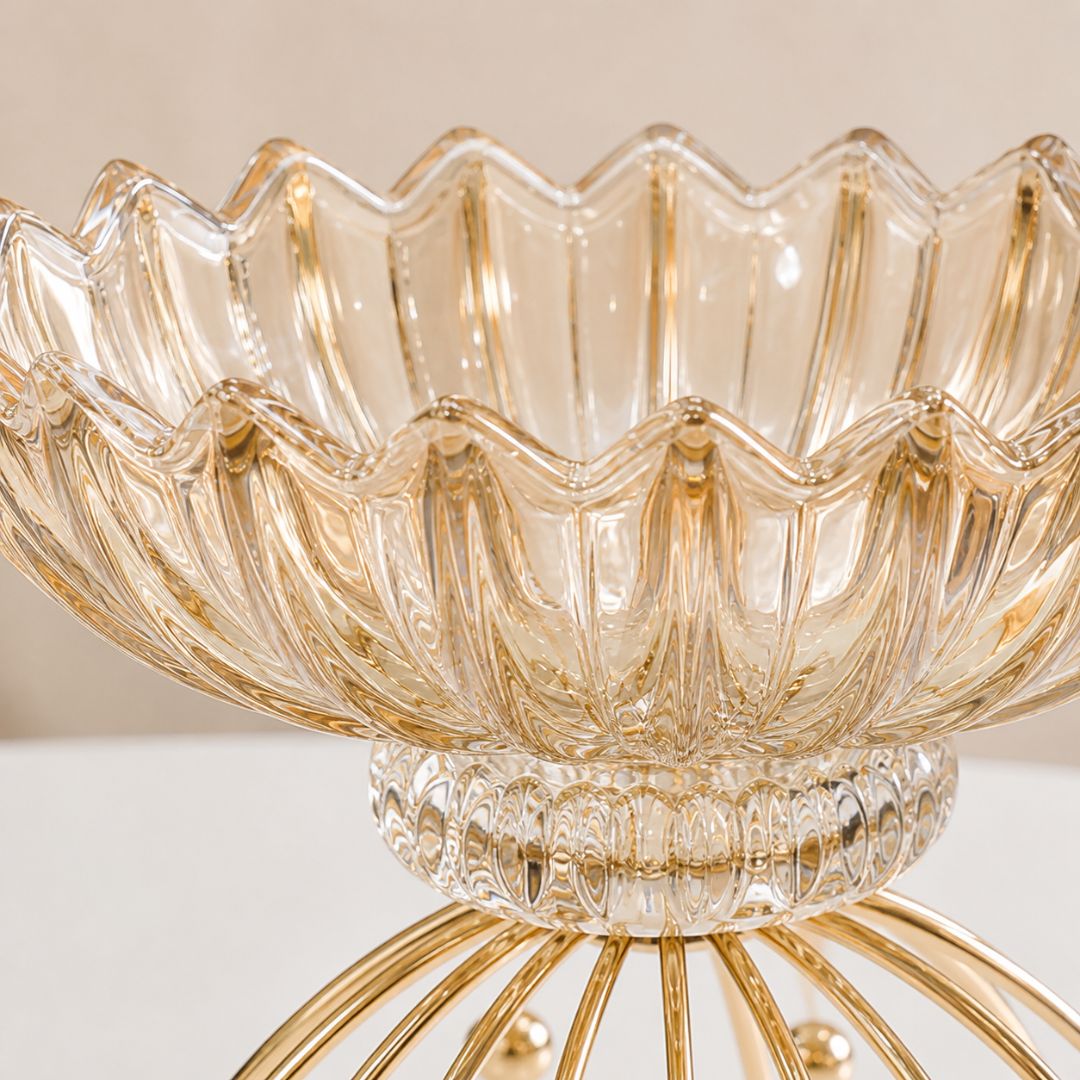 Crockwitty Crystal Glass Fruit Bowl with Gold Metal Stand — Scalloped Wave Design, Lead-Free | Luxury Centre Table Décor Bowl