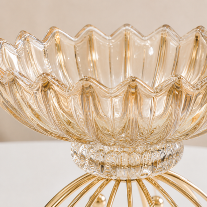 Crockwitty Crystal Glass Fruit Bowl with Gold Metal Stand — Scalloped Wave Design, Lead-Free | Luxury Centre Table Décor Bowl