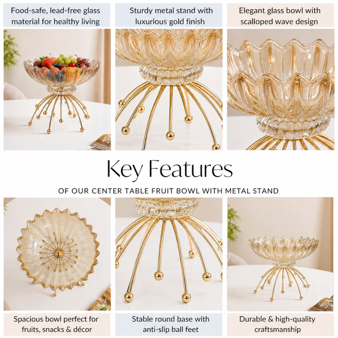 Crockwitty Crystal Glass Fruit Bowl with Gold Metal Stand — Scalloped Wave Design, Lead-Free | Luxury Centre Table Décor Bowl