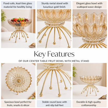 Crockwitty Crystal Glass Fruit Bowl with Gold Metal Stand — Scalloped Wave Design, Lead-Free | Luxury Centre Table Décor Bowl