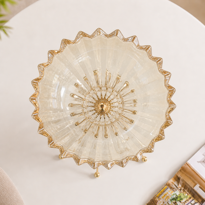 Crockwitty Crystal Glass Fruit Bowl with Gold Metal Stand — Scalloped Wave Design, Lead-Free | Luxury Centre Table Décor Bowl