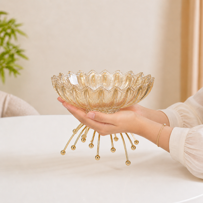 Crockwitty Crystal Glass Fruit Bowl with Gold Metal Stand — Scalloped Wave Design, Lead-Free | Luxury Centre Table Décor Bowl