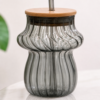 Mushroom Glass Tumbler with Bamboo Lid & Glass Straw — 420ml Borosilicate Aesthetic Coffee Cup | Ribbed Smoked Grey, Non-Toxic & Lead-Free