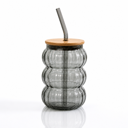 Bubble Glass Tumbler with Bamboo Lid & Glass Straw | 600ml Large Borosilicate Aesthetic Cup | Ribbed Smoked Grey | Non-Toxic, Lead-Free, Chip-Resistant