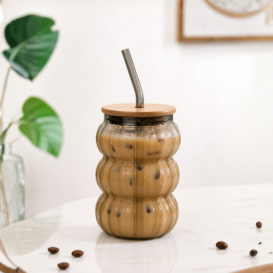 Bubble Glass Tumbler with Bamboo Lid & Glass Straw | 600ml Large Borosilicate Aesthetic Cup | Ribbed Smoked Grey | Non-Toxic, Lead-Free, Chip-Resistant