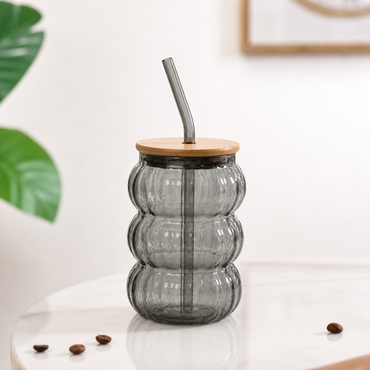 Bubble Glass Tumbler with Bamboo Lid & Glass Straw | 600ml Large Borosilicate Aesthetic Cup | Ribbed Smoked Grey | Non-Toxic, Lead-Free, Chip-Resistant