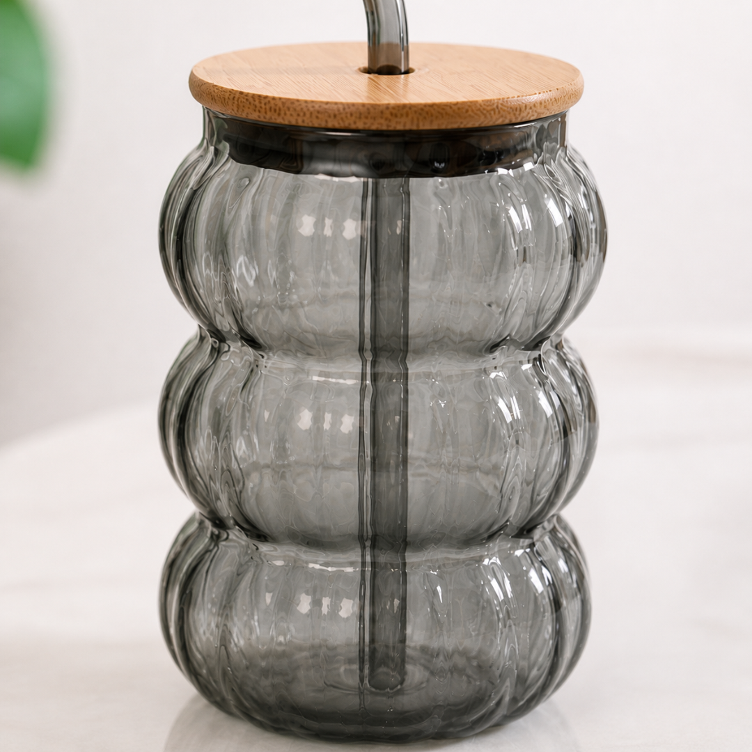 Bubble Glass Tumbler with Bamboo Lid & Glass Straw | 600ml Large Borosilicate Aesthetic Cup | Ribbed Smoked Grey | Non-Toxic, Lead-Free, Chip-Resistant