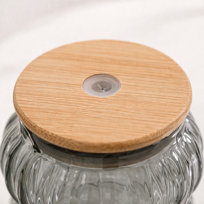 Bubble Glass Tumbler with Bamboo Lid & Glass Straw | 600ml Large Borosilicate Aesthetic Cup | Ribbed Smoked Grey | Non-Toxic, Lead-Free, Chip-Resistant