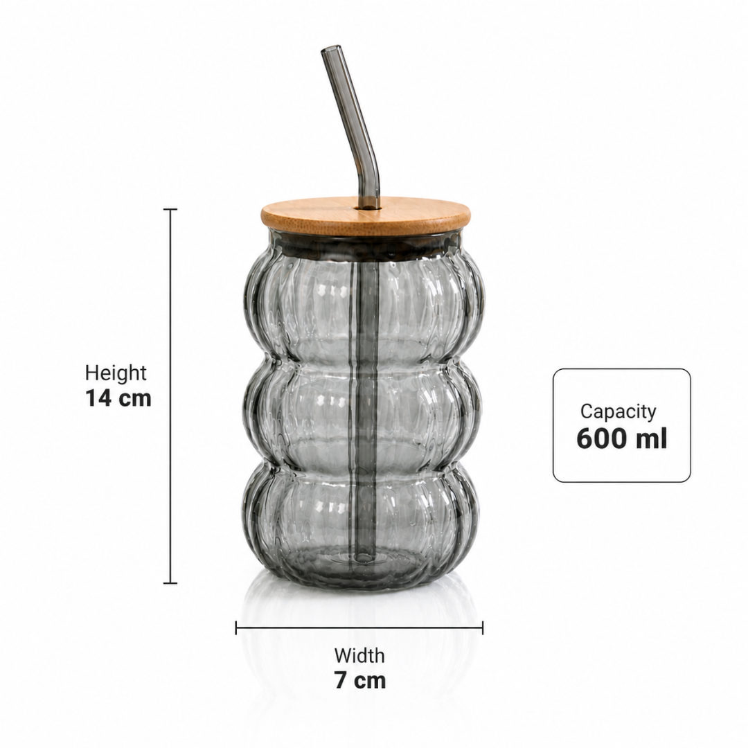 Bubble Glass Tumbler with Bamboo Lid & Glass Straw | 600ml Large Borosilicate Aesthetic Cup | Ribbed Smoked Grey | Non-Toxic, Lead-Free, Chip-Resistant