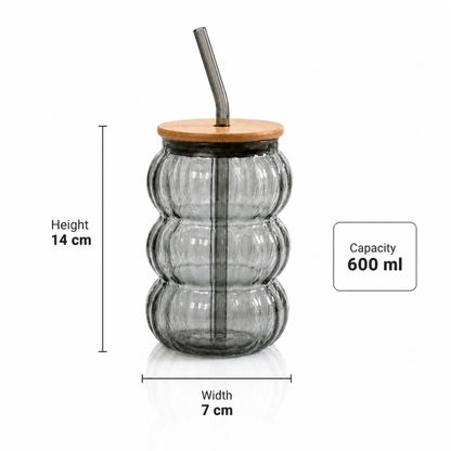 Bubble Glass Tumbler with Bamboo Lid & Glass Straw | 600ml Large Borosilicate Aesthetic Cup | Ribbed Smoked Grey | Non-Toxic, Lead-Free, Chip-Resistant