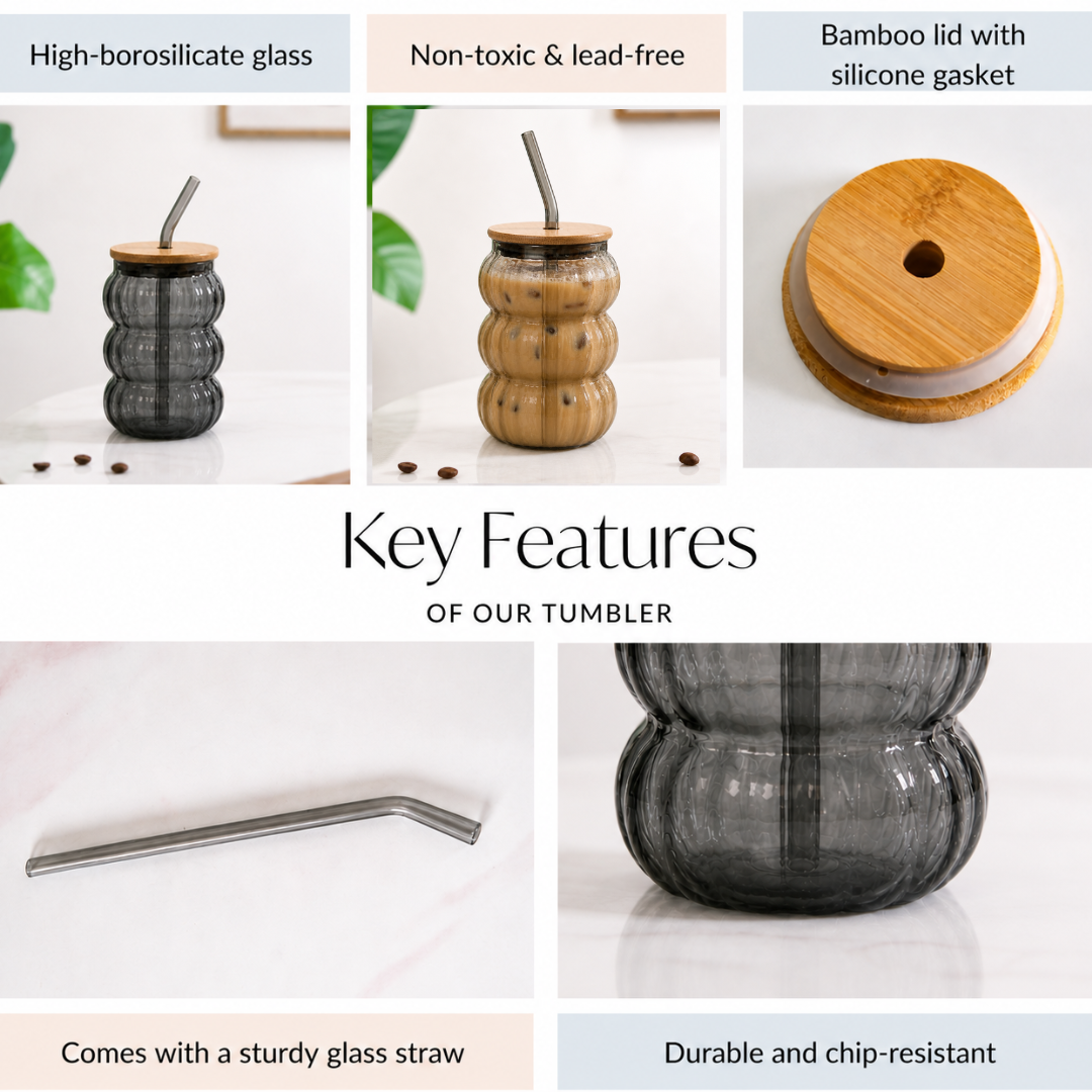 Bubble Glass Tumbler with Bamboo Lid & Glass Straw | 600ml Large Borosilicate Aesthetic Cup | Ribbed Smoked Grey | Non-Toxic, Lead-Free, Chip-Resistant