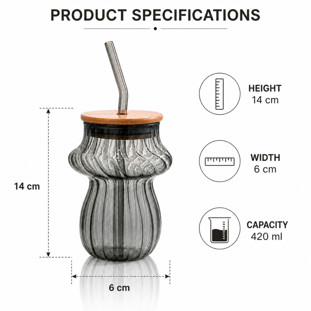 Mushroom Glass Tumbler with Bamboo Lid & Glass Straw — 420ml Borosilicate Aesthetic Coffee Cup | Ribbed Smoked Grey, Non-Toxic & Lead-Free