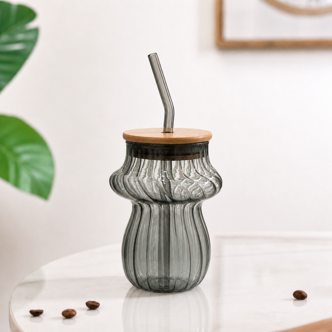 Mushroom Glass Tumbler with Bamboo Lid & Glass Straw — 420ml Borosilicate Aesthetic Coffee Cup | Ribbed Smoked Grey, Non-Toxic & Lead-Free