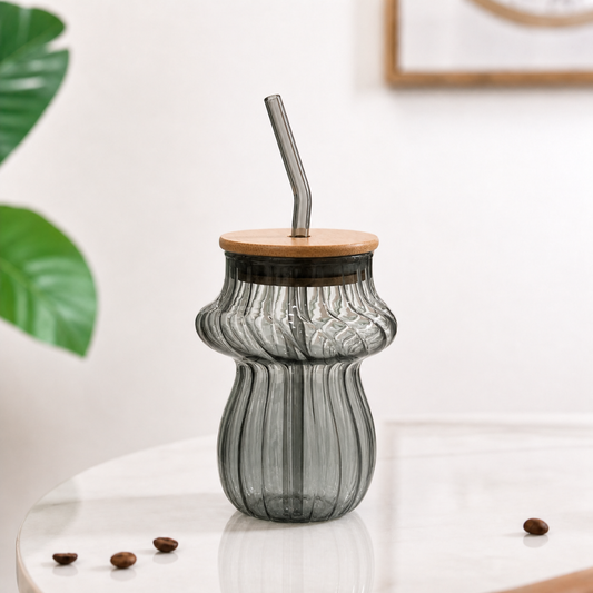 Mushroom Glass Tumbler with Bamboo Lid & Glass Straw — 420ml Borosilicate Aesthetic Coffee Cup | Ribbed Smoked Grey, Non-Toxic & Lead-Free