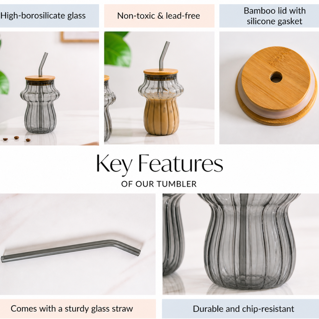 Mushroom Glass Tumbler with Bamboo Lid & Glass Straw — 420ml Borosilicate Aesthetic Coffee Cup | Ribbed Smoked Grey, Non-Toxic & Lead-Free