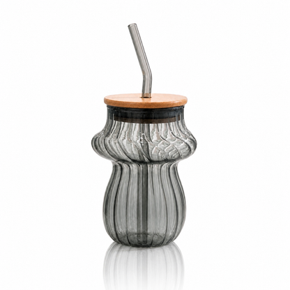 Mushroom Glass Tumbler with Bamboo Lid & Glass Straw — 420ml Borosilicate Aesthetic Coffee Cup | Ribbed Smoked Grey, Non-Toxic & Lead-Free