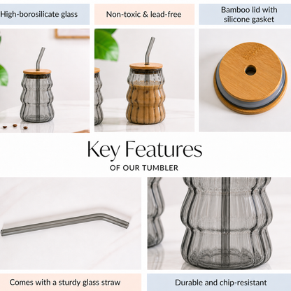 Wave Glass Tumbler with Bamboo Lid & Glass Straw — 600ml Borosilicate Aesthetic Cup | Ribbed Wave Barrel, Smoked Grey, Non-Toxic & Lead-Free