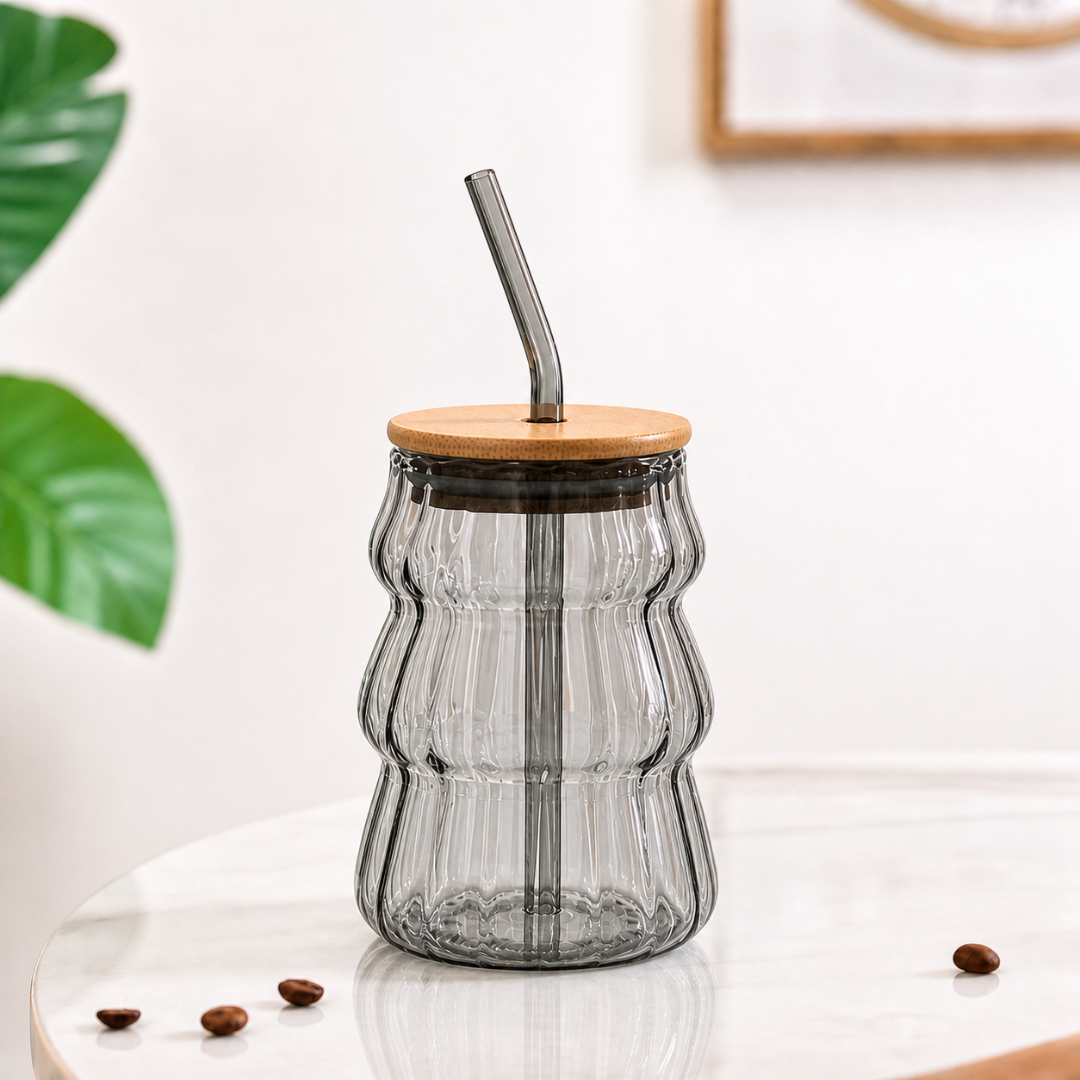 Wave Glass Tumbler with Bamboo Lid & Glass Straw — 600ml Borosilicate Aesthetic Cup | Ribbed Wave Barrel, Smoked Grey, Non-Toxic & Lead-Free