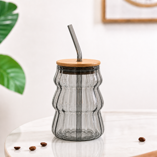 Wave Glass Tumbler with Bamboo Lid & Glass Straw — 600ml Borosilicate Aesthetic Cup | Ribbed Wave Barrel, Smoked Grey, Non-Toxic & Lead-Free