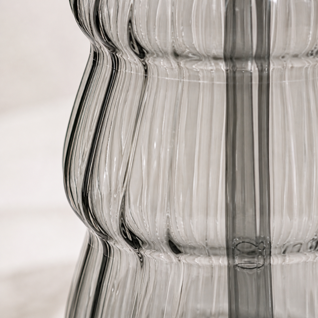 Wave Glass Tumbler with Bamboo Lid & Glass Straw — 600ml Borosilicate Aesthetic Cup | Ribbed Wave Barrel, Smoked Grey, Non-Toxic & Lead-Free