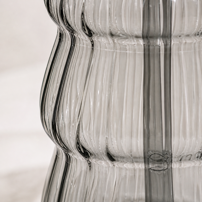 Wave Glass Tumbler with Bamboo Lid & Glass Straw — 600ml Borosilicate Aesthetic Cup | Ribbed Wave Barrel, Smoked Grey, Non-Toxic & Lead-Free
