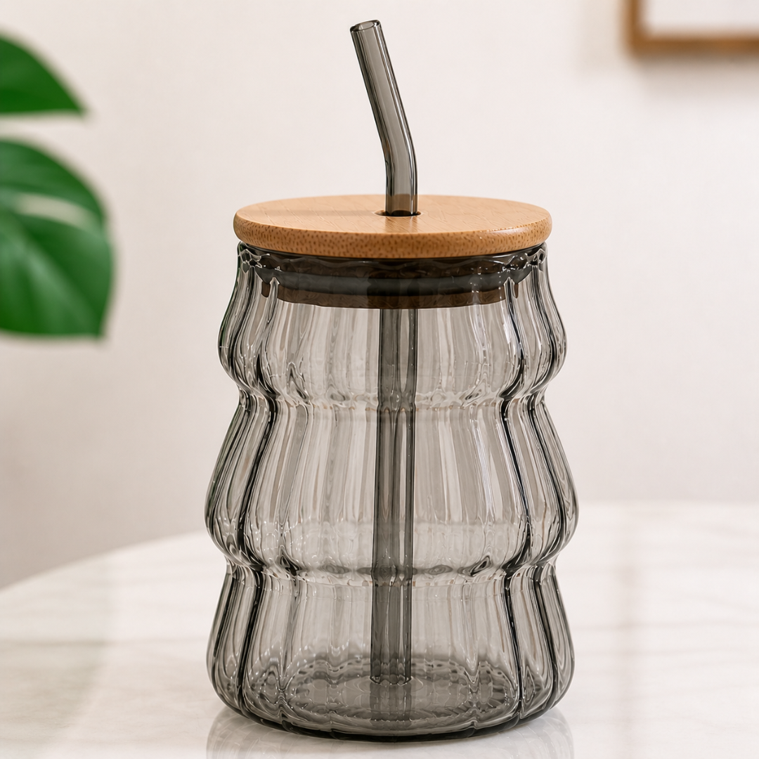Wave Glass Tumbler with Bamboo Lid & Glass Straw — 600ml Borosilicate Aesthetic Cup | Ribbed Wave Barrel, Smoked Grey, Non-Toxic & Lead-Free