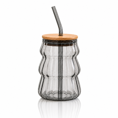 Wave Glass Tumbler with Bamboo Lid & Glass Straw — 600ml Borosilicate Aesthetic Cup | Ribbed Wave Barrel, Smoked Grey, Non-Toxic & Lead-Free