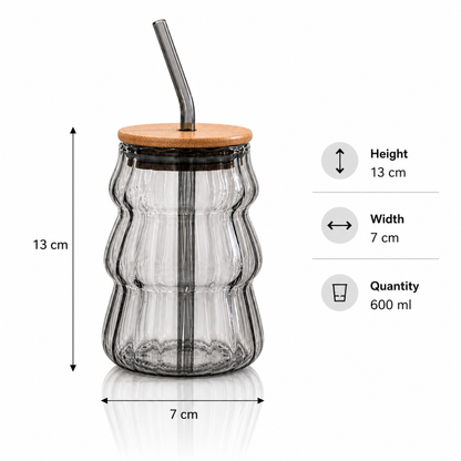 Wave Glass Tumbler with Bamboo Lid & Glass Straw — 600ml Borosilicate Aesthetic Cup | Ribbed Wave Barrel, Smoked Grey, Non-Toxic & Lead-Free