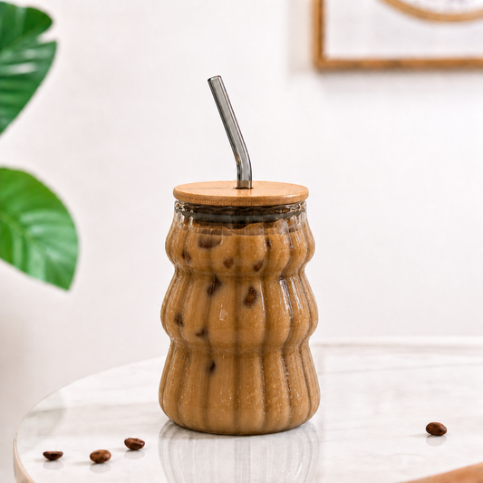 Wave Glass Tumbler with Bamboo Lid & Glass Straw — 600ml Borosilicate Aesthetic Cup | Ribbed Wave Barrel, Smoked Grey, Non-Toxic & Lead-Free